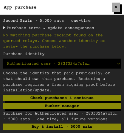 App purchase dialog when no matching receipt is found on queried relays