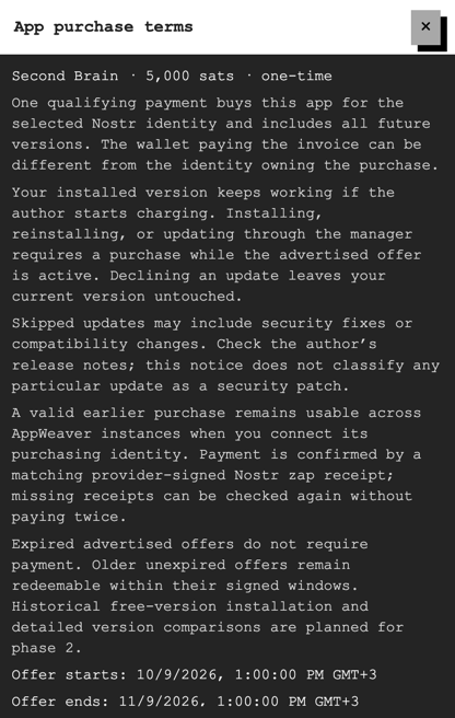 App purchase terms dialog opened from the info button