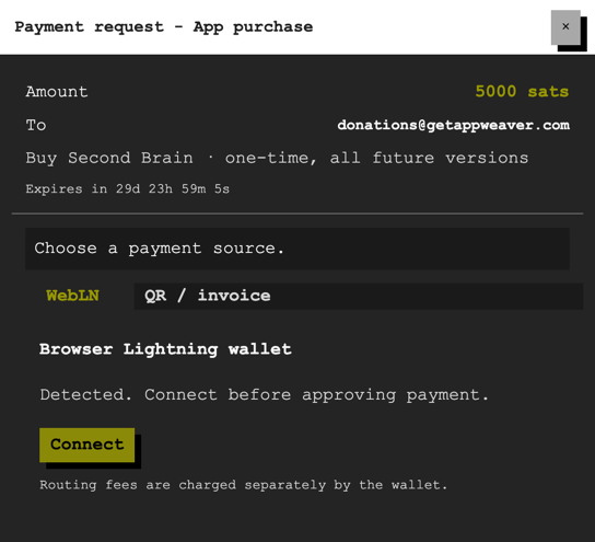 Payment request dialog with WebLN and QR/invoice options