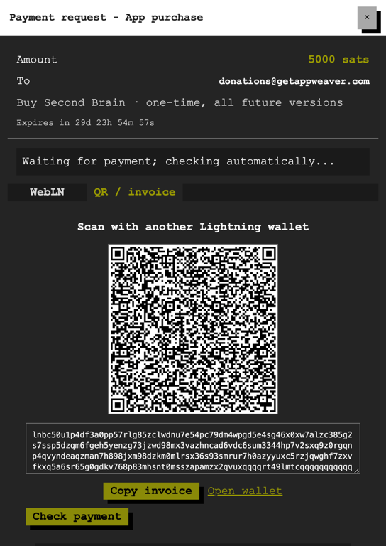 Checkout waiting for payment with QR code, invoice, and Check payment action